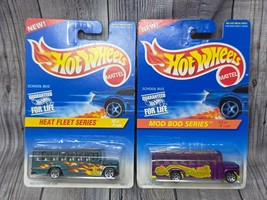 Hot Wheels SCHOOL BUS 2 Bus Lot Heat Fleet &amp; Mod Bod Series Green flames... - $12.05