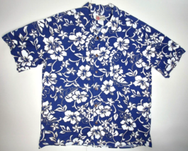 Hilo Hattie Hawaiian SS Button Up Shirt XL Blue w/White Orchids Tropical Vintage - £22.28 GBP