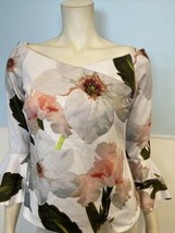 Ted Baker White, Green Pink Floral V neck Top 3/4 Sleeve Size 3 US Size 6 - £29.89 GBP