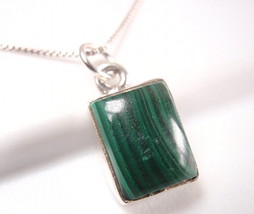 Small Malachite Simple Rectangle 925 Sterling Silver Necklace New 749g - £12.29 GBP