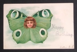 Happy Birthday Childs Face in Large Green Butterfly UDB A&amp;M B Postcard c1900s - £11.93 GBP