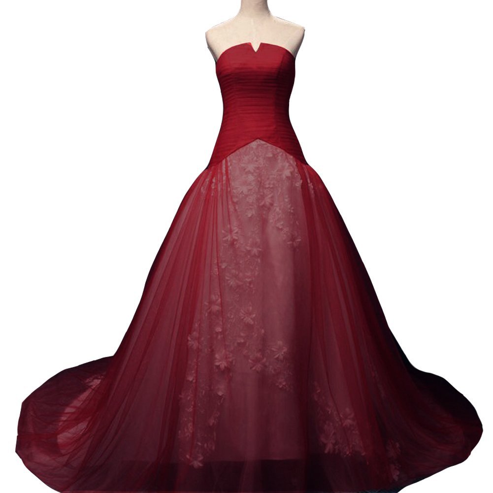 Kivary White and Wine Red Bridal Wedding Dresses with Floral Lace Strapless US 4