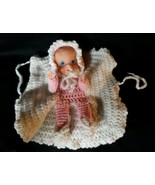 1960s Pink Crochet Baby Doll Finger Puppet Attached Tying Blanket 8&quot;x 8&quot; - $43.68 CAD