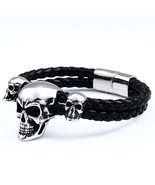 BEIER 316L Stainless Steel Triple Skull Mens Leather Bangle - $27.80 CAD+