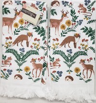 Set Of 2 Same Cotton Towels (15&quot;x25&quot;) FOREST ANIMALS, MUSHROOMS &amp; FLOWER... - £10.11 GBP
