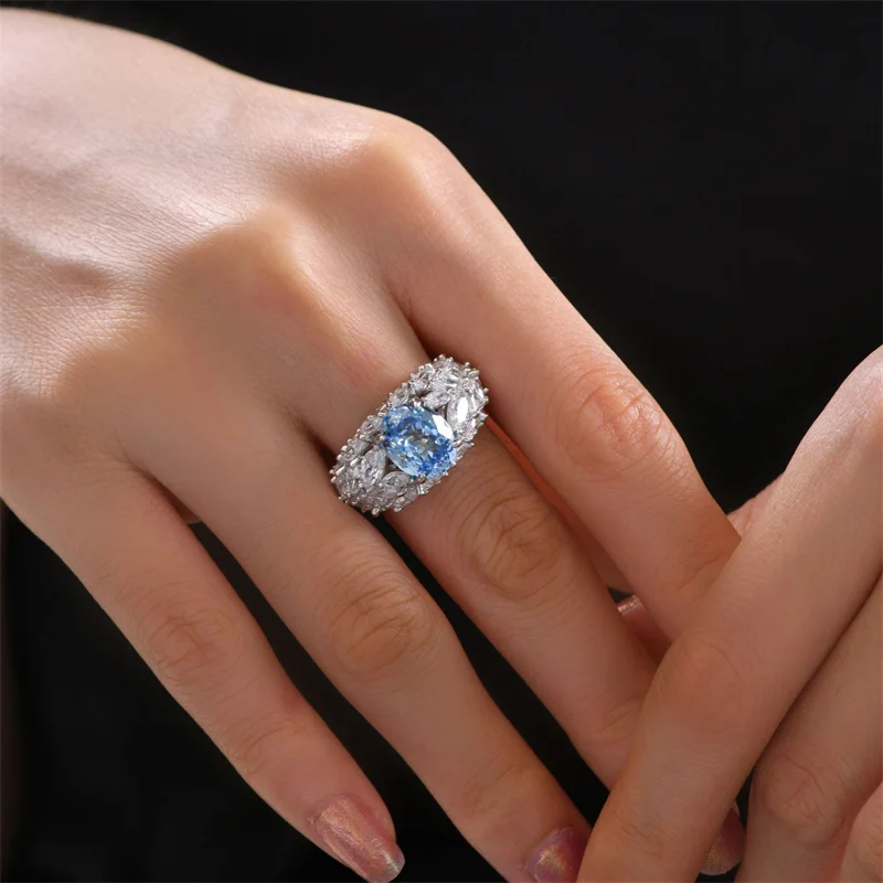 100% 925 Sterling Silver 8*10 Egg Rouge Powder/ice Blue Ring High Carbon Diamond - £60.84 GBP