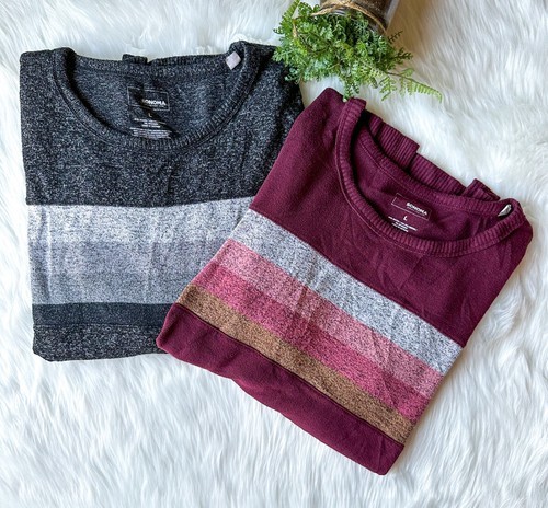 Sonoma Women&#39;s L Sweater Heather Gray Black Maroon Stripe Lot of 2 - $34.59