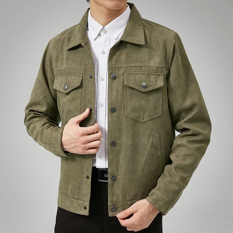 Cargo Jacket Men  New Fashion Solid Sude Jacket Slim Fit Mens  Army Cargo Bomber - £111.46 GBP