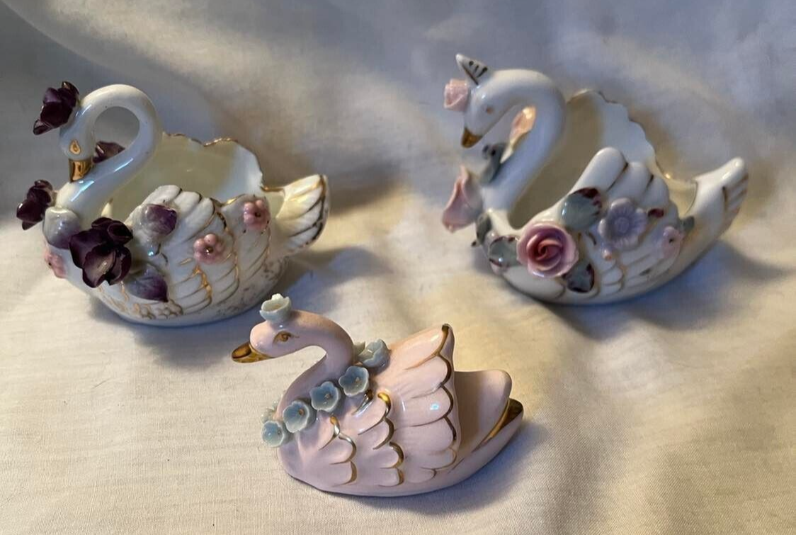 3 Mid Century Swan Salt or Ring Dishes Figurine Applied Flowers 1 Lenox 1 Japan - $14.25
