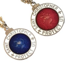 Double Side Saint Chrisopher Red Blue Enamel Silver Tone Medal/24”sterling Chain - £107.91 GBP