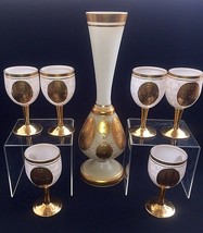 Harrach Bohemian Czechoslovakian Satin Heavy Thick Gold Enameled Art Glass Set - £227.81 GBP