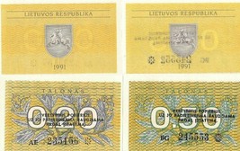 Lithuania 2 note set, P30-31, .2 &amp; .5 Talonas Knight on horse UNC 1991 $... - $2.88