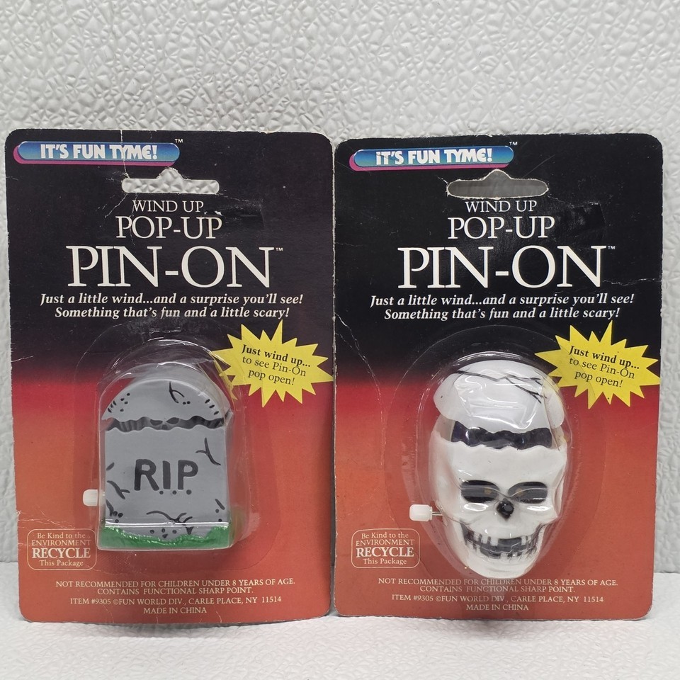 Vintage Set Of 2 Fun World Halloween Wind-Up Pop Up Pins - Skull &amp; Grave... - $44.45