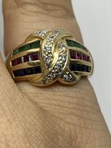 Beautiful Sapphire Emerald Ruby &amp;Diamond 14K Yellow Gold  Ring 5.4 Grams Size 7 - £745.42 GBP
