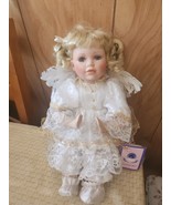 Vintage Angel Porcelain Praying Doll Blonde Curly Hair Blue Eyes Feather... - $78.78 CAD