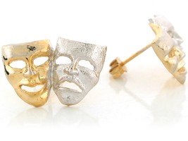 10K or 14K Two Tone Gold Drama Face Theater Actor Mask Stud Earrings - £208.49 GBP+