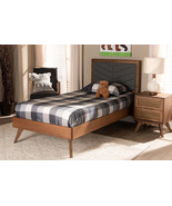 Asher Dark Gray Fabric Walnut brown Twin Size Platform Bed - $504.00