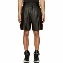 Genuine Lambskin Leather Black Men&#39;s Short Pants Gym Sports Boxer With P... - £82.47 GBP