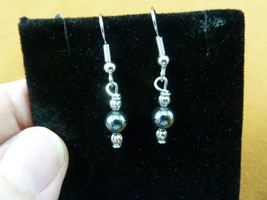 EE-380-5) 6mm round Black hematite + silver tone bead pair wire dangle EARRINGS - £8.20 GBP