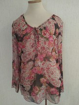 SUNNY LEIGH Sheer SILK L/S Paisley &amp; Floral Boho Blouse Over-top Size M ... - £11.74 GBP