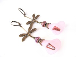 Hand Dyed Lucite Calla Lily Flower and Dragonfly earrings Antique Gold tone acce - £17.58 GBP