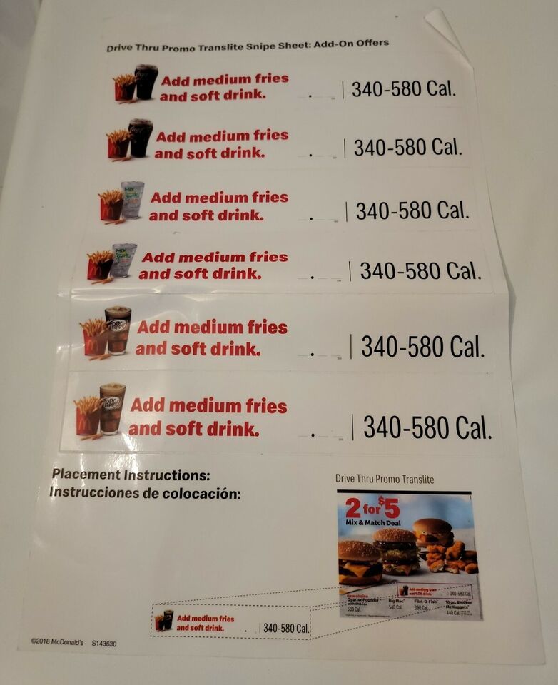 McDonalds Translite Menu Snipe Sheet Advertising Drive Thru Add On Stick... - $4.46