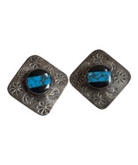 Vintage Silver Clip-On Earrings Mexico Turquoise Onyx Inlay Square South... - $56.09