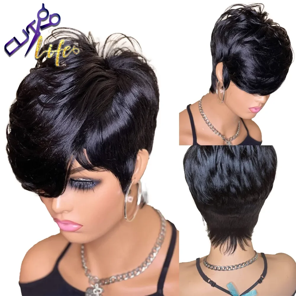 Beauty Short Bob Wavy Wig With Bangs Full Machine Made No Lace Wigs For Women - £37.28 GBP+