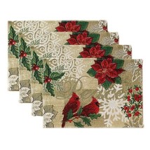Cardinal Bird Tapestry PEACE 4-pc Placemats Snowflakes Poinsettias Holly... - $24.28