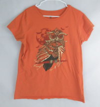 Halloween Orange Women&#39;s T-Shirt With Metallic Gold Trimmed Owl Design XL - £10.04 GBP