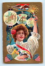 4th Of July Patriotic Fireworks Firecracker Eagle Lady Chinese Lantern Postcard - £8.76 GBP