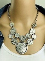 Ruby Rd Silver Tone Antiqued Hammered Coin Bib Necklace - £17.06 GBP