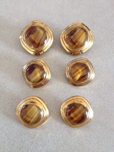 6 Vintage Mid Century Brown Glass Bright Brass Goldtone Shank Buttons 2c... - $13.99