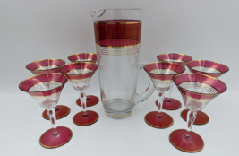 West Virginia Glass Ruby Red Gold Martini Cocktail Pitcher and 8 Cordial Glasses - £100.47 GBP