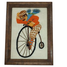 VTG Needlework Embroidery Man riding old fashioned bike Framed Jiffy Stitchery - $24.70