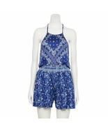 Hint of Mint Textured Knit Printed Smocked Halter Romper Women&#39;s JR Sz M... - $21.29