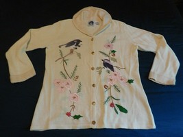 Storybook Knits Vintage Hsn Chickadee Cardigan Sweater Xl Cream Beads Embroidery - £47.86 GBP
