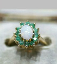 Vintage 2.50 Ct Opal and Emerald Cluster Engagement Ring 14K Yellow Gold Finish - £79.68 GBP