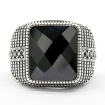 Men Ring with Rectangle Black Cubic Zircon Real 925 Sterling Silver Cool Vintage - £60.33 GBP