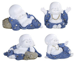 Happy Hotai Baby Buddha Set of 4 Figurines 4.5&quot; W Blue White Maitreya - £38.06 GBP