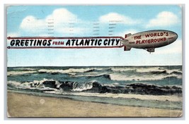 Blimp w Banner Greetings From Atlantic City  NJ New Jersey Linen Postcard V11 - £2.28 GBP