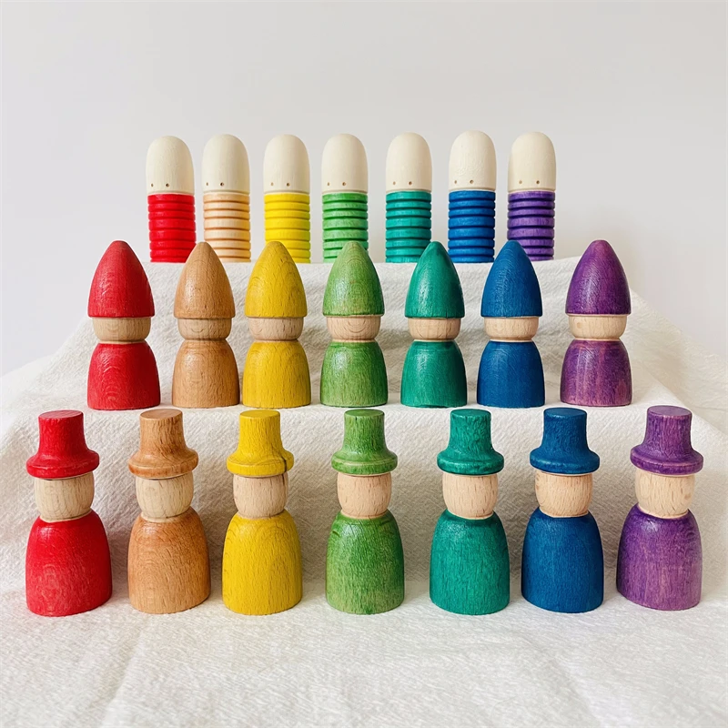 Rainbow Peg Dolls Set Baby Wooden Figure Blocks Constructor Kids Montessori - £15.61 GBP+