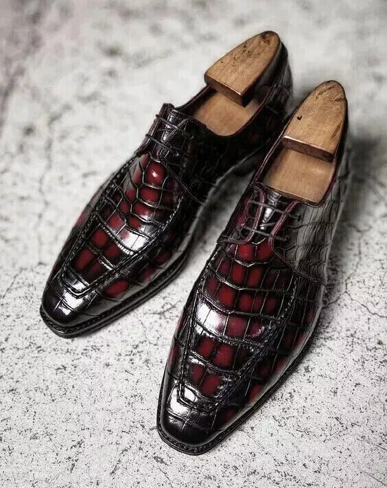 Handmade Mens Oxford Dress Shoes Crocodile Imprint Leather Split Toe Derby shoes