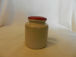 Tan Ceramic Miniature Spice Jar Canister With Red Plastic Top 4&quot; Tall - £23.98 GBP