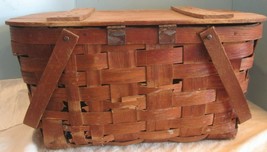 Vintage Rustic Picnic Basket Woven Wooden Wood Wicker Hinged Lid Large - £25.83 GBP