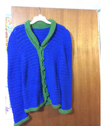 VTG 70s MOD BOHO Blue Green Handmade KNIT Crochet 6 Button SWEATER SZ SM... - $21.03