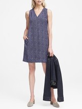 Banana Republic Herringbone Blue Print V-neck Pleated Lined Shift Dress ... - £47.20 GBP