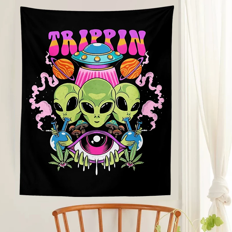Play Alien Tapestry Mandala Arame hippie Art Mushroom eye Wall Hanging black Tap - £23.18 GBP