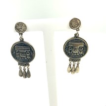 Vtg Signed 925 Sterling Mexico Carved Aztec Warrior Mask Dangle Stud Earrings - £51.43 GBP