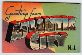 Greetings From Atlantic City New Jersey Large Letter Linen Postcard Unused Hotel - £13.06 GBP